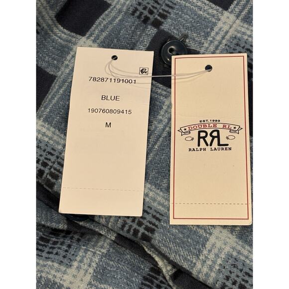 $225 RRL Double RL Ralph Lauren Blue Plaid Cotton Flannel Shirt Mens Size Medium - Picture 6 of 9